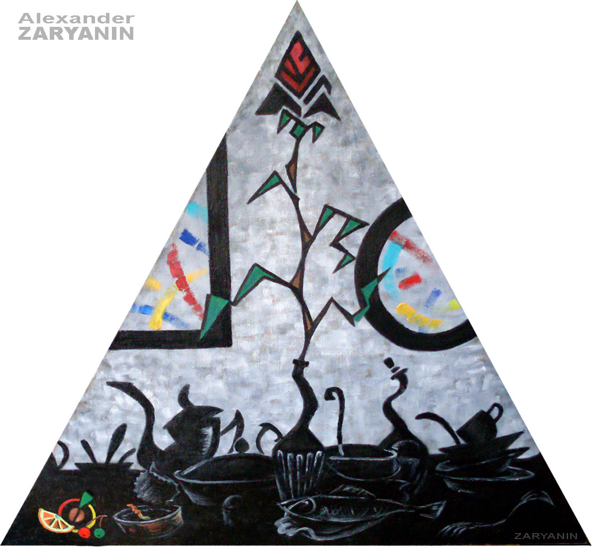 triangular painting: The white wallpaper and black dishes